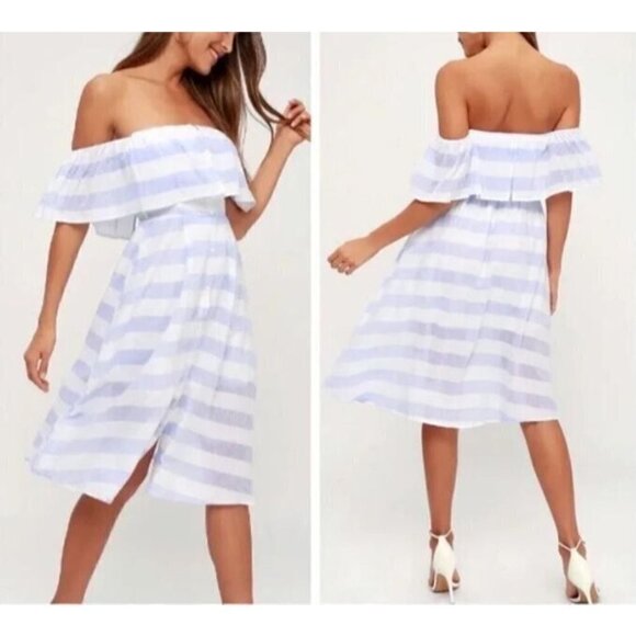 Lulus Dress Womens Medium Transatlantic Voyage Blue Stripe Midi Blue Cotton - Picture 1 of 7